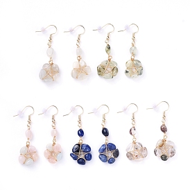 Wire Wrapped Natural Gemstone Dangle Earrings, with Brass Earring Hooks and Plastic Ear Nuts, Star