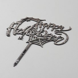 Acrylic Halloween Cake Insert Card Decoration, with Self Adhesive, for Halloween Cake Decoration, Word Happy Halloween with Bat & Spider & Spider Web