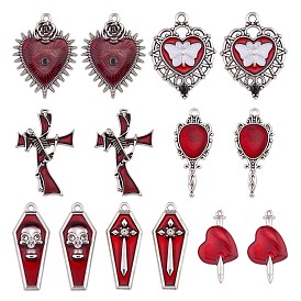 14Pcs 7 Style Halloween Alloy Rhinestone Pendants, with Enamel, for DIY Necklace Bracelet Earring Accessories, Heart with Butterfly & Cross & Mirror