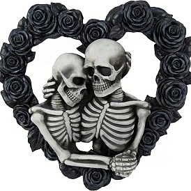 Halloween Skull Wreath Heart-Shaped Rose Skeleton Lover Embracing, Acrylic Garland, Door Wall Hanging Pendant Decoration