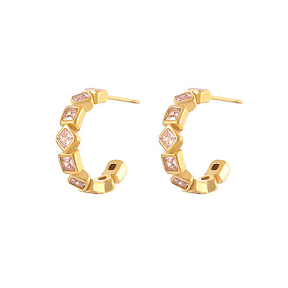 Golden Titanium Steel Ring Stud Earrings, Rhinestone Half Hoop Earrings