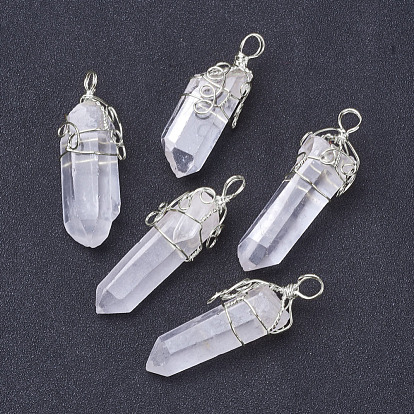 Natural Quartz Crystal Double Terminated Pointed Big Pendants, with Silver Tone Brass Findings, Bullet
