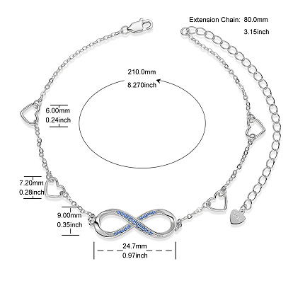 SHEGRACE 925 Sterling Silver Link Anklets, with Blue Corundum, Heart and Infinity