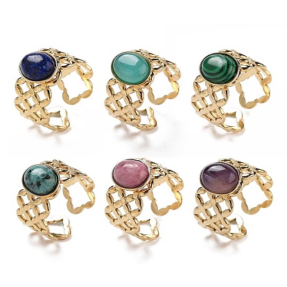 Ионное покрытие (ip) 304 полые широкие манжетные кольца из нержавеющей стали, Женское кольцо с овальным натуральным и синтетическим драгоценным камнем, реальный 18 k позолоченный