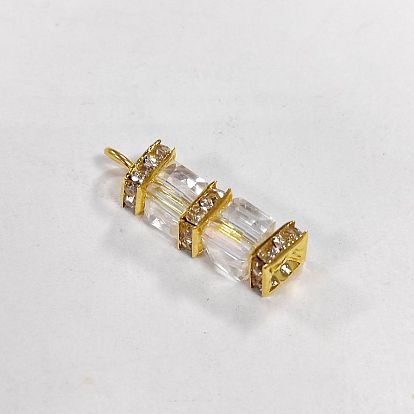 Glass Pendants, with Golden Brass Rhinestone Spacer Beads and Iron Loops, Rectangle Charms