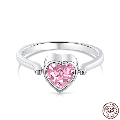 Pink Cubic Zirconia Heart Rotating Finger Ring, Anxiety Stress Relief 925 Sterling Silver Birthstone Ring with S925 Stamp