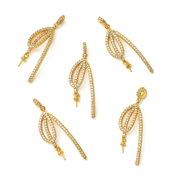 SHEGRACE Brass Micro Pave Cubic Zirconia Peg Bails Pin Pendants, Leaf Charms, for Half Drilled Beads, Cadmium Free & Lead Free & Nickel Free