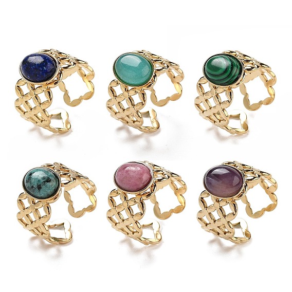 Ионное покрытие (ip) 304 полые широкие манжетные кольца из нержавеющей стали, Женское кольцо с овальным натуральным и синтетическим драгоценным камнем, реальный 18 k позолоченный