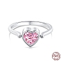 Pink Cubic Zirconia Heart Rotating Finger Ring, Anxiety Stress Relief 925 Sterling Silver Birthstone Ring with S925 Stamp