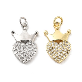 Brass Micro Pave Clear Cubic Zirconia Pendants, with Jump Ring, Heart with Crown Charm