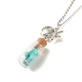 Glass Bottle with Synthetic Turquoise Chips Pendant Necklace, Wish Bottle Necklace with Alloy Shell Starfish Charm for Women