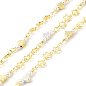 Handmade Brass Star Link Chain, with Heart & Glass Pearl Beaded, Long-Lasting Plated, Soldered, with Spool