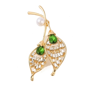 Calla Flower Alloy Crystal & Emerald Rhinestone Brooches, with Imitaiton Pearl