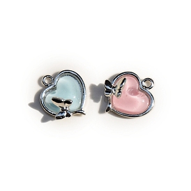 Resin Pendants, Heart Pendants, with Platinum Alloy Butterfly