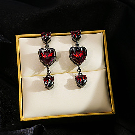 Vintage Gothic Glass Love Heart Earrings - Dark Red Heart Tassel Ear Drops.