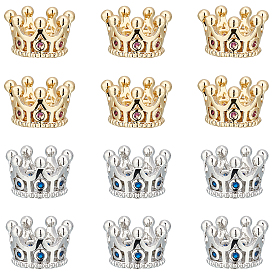 12Pcs 2 Colors Brass Micro Pave Cubic Zirconia European Beads, Large Hole Beads, Crown