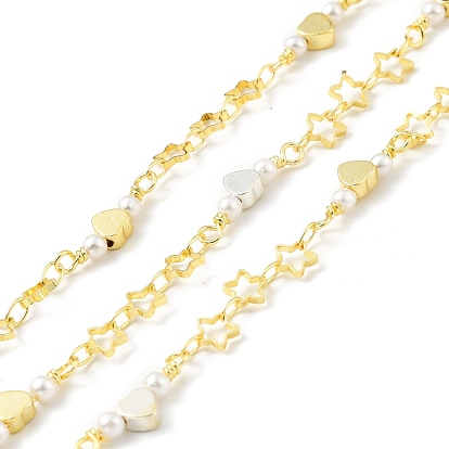 Handmade Brass Star Link Chain, with Heart & Glass Pearl Beaded, Long-Lasting Plated, Soldered, with Spool