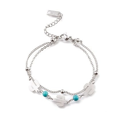 304 Stainless Steel Multi-strand Bracelets, with Synthetic Turquoise Beads and Lobster Claw Clasps, Cactus