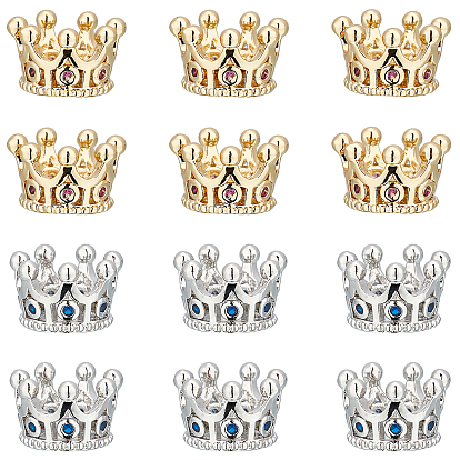 12Pcs 2 Colors Brass Micro Pave Cubic Zirconia European Beads, Large Hole Beads, Crown