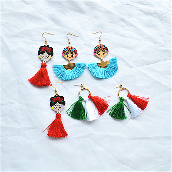Серьги-подвески из сплава и акрила с кисточками, девушка, золотые
