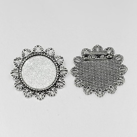 Vintage Tibetan Style Alloy Flower Brooch Cabochon Bezel Settings, Cadmium Free & Lead Free, with Iron Pin Back Bar Findings, Flat Round Tray: 25mm, 39.5x2mm, Pin: 0.8mm