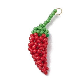 Glass Seed Beads Pendants, with 304 Stainless Steel Jump Rings, Chili Charm