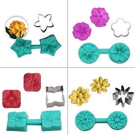 Food Grade Flower Fondant Cutter Sets, Including Silicone Baking Embossing Cookie Stamp Mould Cutters and Stainless Steel Cutters