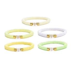 5 pcs 5 ensemble de bracelets extensibles heishi surfeur en argile polymère couleur faits à la main, alliage coeur perlé preppy bracelet femmes