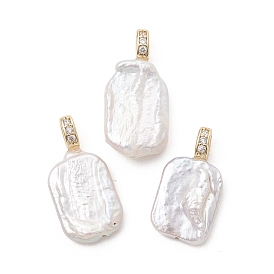 Подвески из натурального барочного жемчуга кеши, Прямоугольные подвески с латунными микропаве из прозрачных кубических цирконий в качестве застежек., белые