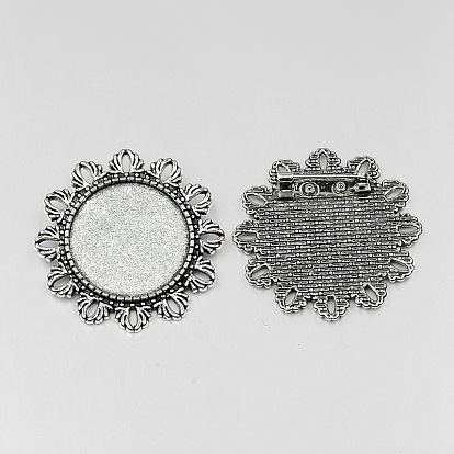Vintage Tibetan Style Alloy Flower Brooch Cabochon Bezel Settings, Cadmium Free & Lead Free, with Iron Pin Back Bar Findings, Flat Round Tray: 25mm, 39.5x2mm, Pin: 0.8mm