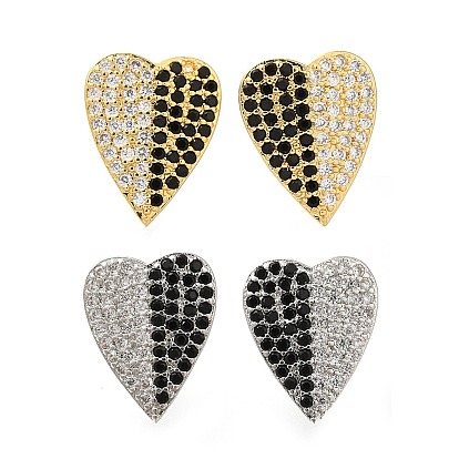 Серьги-гвоздики из латуни с паве из кубического циркония, сердце, слева и справа