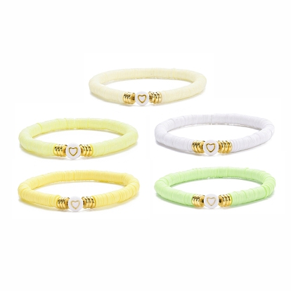 5 pcs 5 ensemble de bracelets extensibles heishi surfeur en argile polymère couleur faits à la main, alliage coeur perlé preppy bracelet femmes