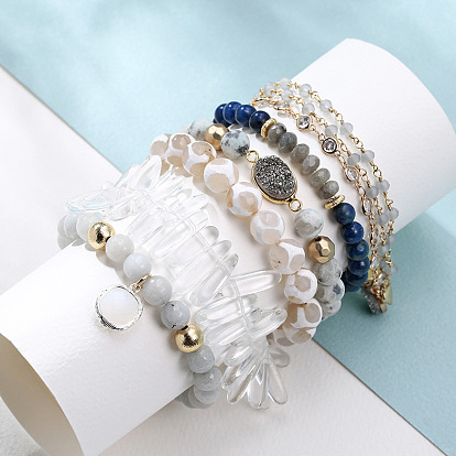 Natural Stone Beaded Bracelet Set with Crystal, Agate and Labradorite Handmade Jewelry