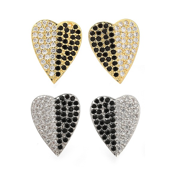 Серьги-гвоздики из латуни с паве из кубического циркония, сердце, слева и справа
