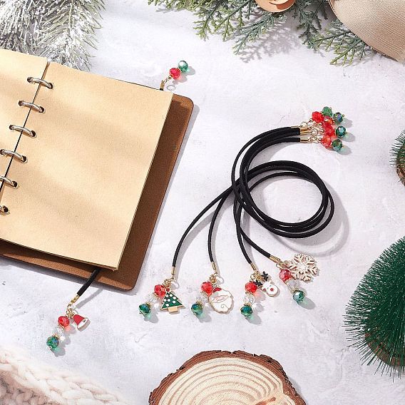 5шт 5 стили рождественские темы искусственная замша шнур закладки, с подвесками из сплава эмали и стеклянными бусинами