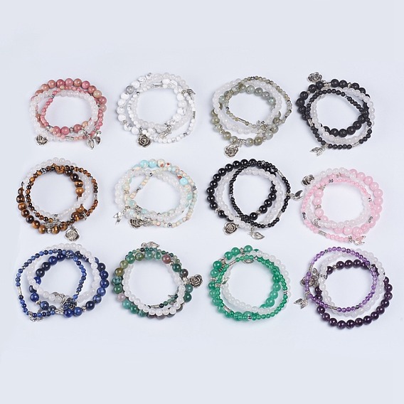 Natural Gemstone Stretch Charm Bracelet Sets, Stackable Bracelets, with Non-magnetic Synthetic Hematite Beads and Antique Silver Plated Alloy Findings