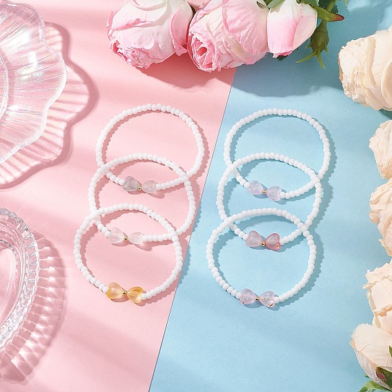 6 шт. 6 цвета непрозрачные цвета стеклянные круглые бусины эластичные браслеты, акриловые бусины в форме сердца для женщин