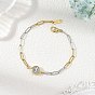 Brass & 304 Stainless Steel Paperclip Chain Link Bracelets, Flat Round with Cross Pattern