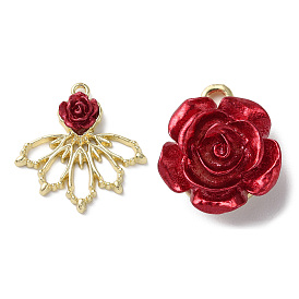Pendentifs roses en résine opaque, Breloques fleurs avec accessoires en alliage plaqué or