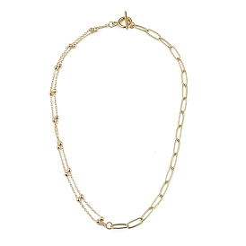 Brass Cable Chain Necklace, with Brass Round Beads and 304 Stainless Steel Toggle Clasps