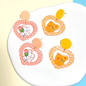  Children's Earrings Cartoon Bear Earrings Acrylic Women's Heart Shaped Earrings