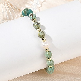 Natural Gemstone Round Beaded Stretch Bracelets, with Natural Cultured Freshwater Pearl Beads, Golden