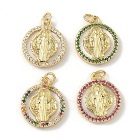 Латунь микропаве фианиты с подвесками-ракушками, плоские круглые с святым Бенедиктом, долговечный, без свинца и без кадмия, стойки покрытие, с целью перехода в кольце, реальный 18 k позолоченный