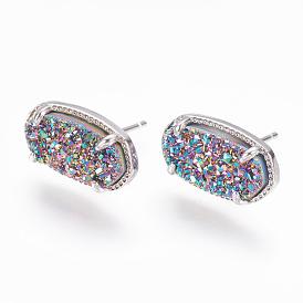 Natural Druzy Agate Stud Earrings, with Real Platinum Plated Brass Findings, Oval, Dyed