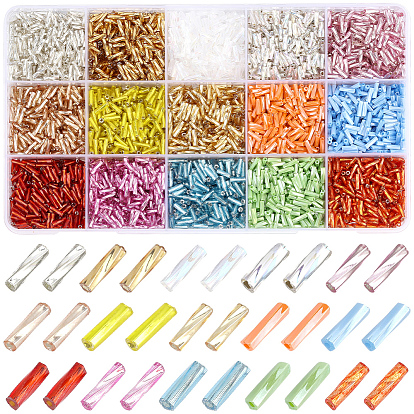 4500Pcs 15 Colors Glass Twist Bugle Beads, Silver Lined, Round Hole