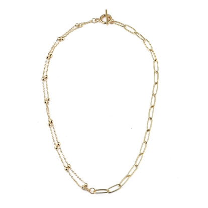 Brass Cable Chain Necklace, with Brass Round Beads and 304 Stainless Steel Toggle Clasps