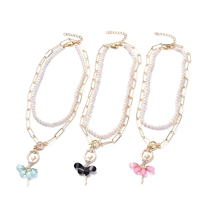 Pendant & Beaded Necklaces Sets, with Natural Pearl, Alloy Resin Pendants, Iron Paperclip Chains, 304 Stainless Steel Lobster Claw Clasps & Toggle Clasps, Ballet Girl