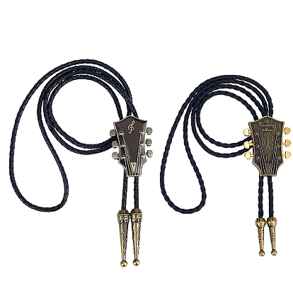 2Pcs 2 Styles Alloy Guitar Pendant Bolo Tie Lariat Necklaces, with Black PU Leather Cord