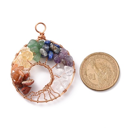 Natural Gmestone Copper Wire Big Pendants, Natural Amethyst & Green Aventurine & Citrine & Lapis Lazuli & Red Jasper & Red Aventurine & Quartz Crystal, Mixed Dyed and Undyed, Flat Round with Tree