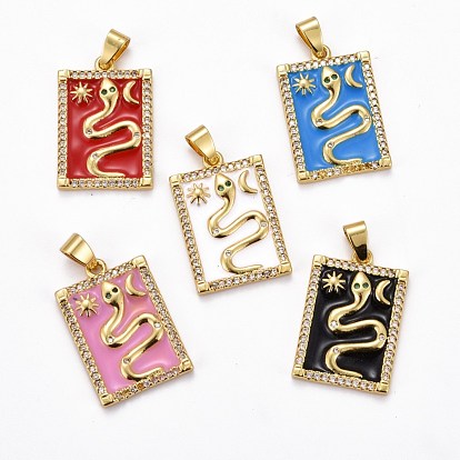 Brass Micro Pave Clear Cubic Zirconia Pendants, with Enamel, Long-Lasting Plated, Real 18K Gold Plated, Rectangle with Snake